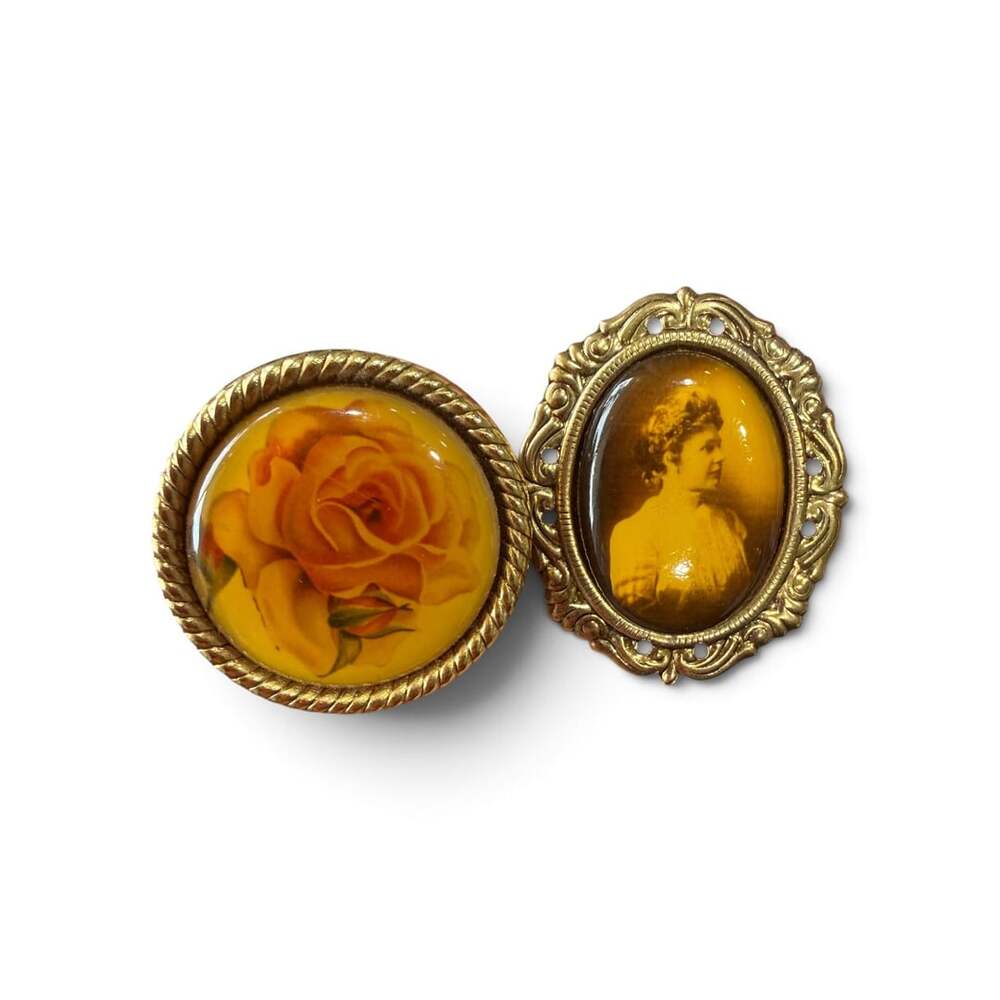 Nony New York Vintage Brooch Set Rose and Portrait Gold Tone Pin Lot